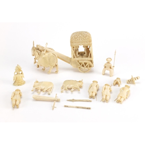 485 - 19th century Indian carved ivory including figures in a carriage and animals, the largest piece 11cm... 