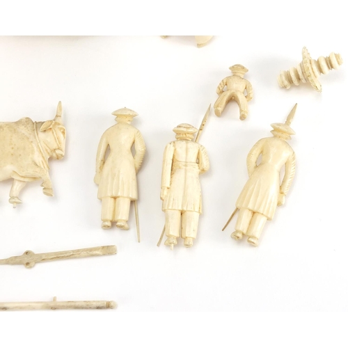 485 - 19th century Indian carved ivory including figures in a carriage and animals, the largest piece 11cm... 