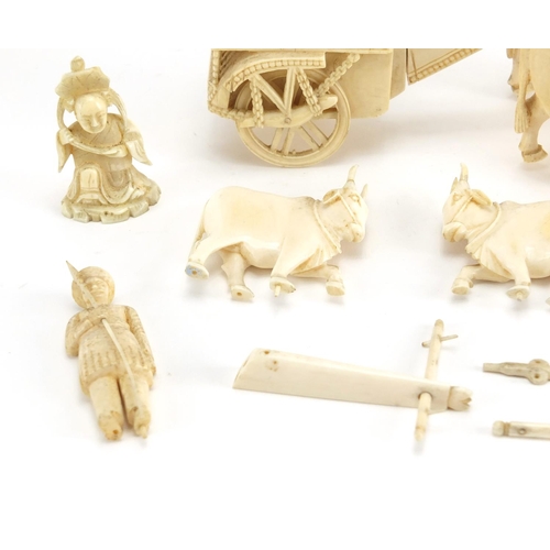 485 - 19th century Indian carved ivory including figures in a carriage and animals, the largest piece 11cm... 