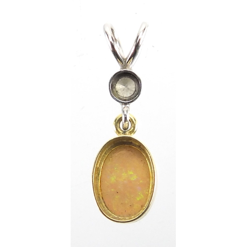 721 - 18ct gold Opal and Diamond pendant, SCD makers marks, 2cm in length, approximate weight 1.1g