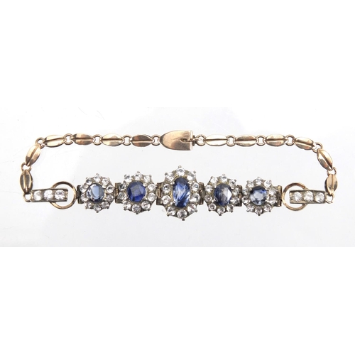 757 - Vintage gilt metal blue and white sapphire bracelet, 17cm in length, approximate weight 8.0g