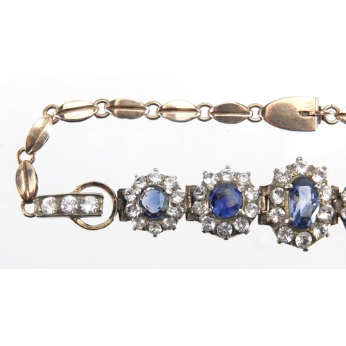 757 - Vintage gilt metal blue and white sapphire bracelet, 17cm in length, approximate weight 8.0g