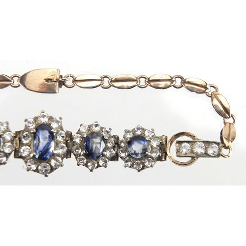 757 - Vintage gilt metal blue and white sapphire bracelet, 17cm in length, approximate weight 8.0g