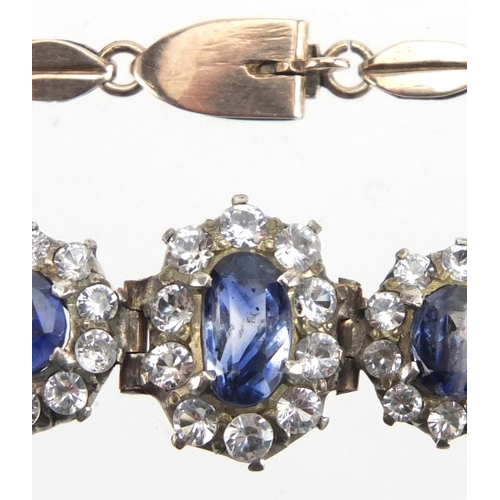 757 - Vintage gilt metal blue and white sapphire bracelet, 17cm in length, approximate weight 8.0g