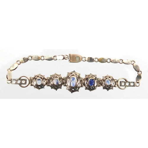 757 - Vintage gilt metal blue and white sapphire bracelet, 17cm in length, approximate weight 8.0g