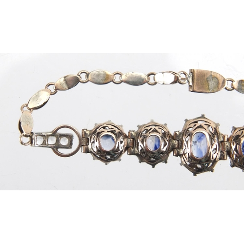 757 - Vintage gilt metal blue and white sapphire bracelet, 17cm in length, approximate weight 8.0g