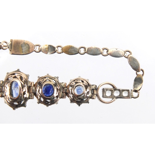 757 - Vintage gilt metal blue and white sapphire bracelet, 17cm in length, approximate weight 8.0g