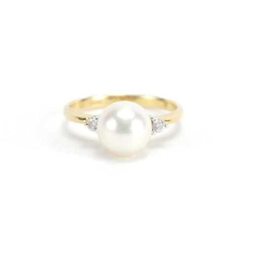 693 - 18ct gold Pearl ring with Diamond shoulders, M H maker mark, size M, approximate weight 2.7g