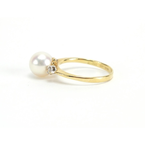 693 - 18ct gold Pearl ring with Diamond shoulders, M H maker mark, size M, approximate weight 2.7g