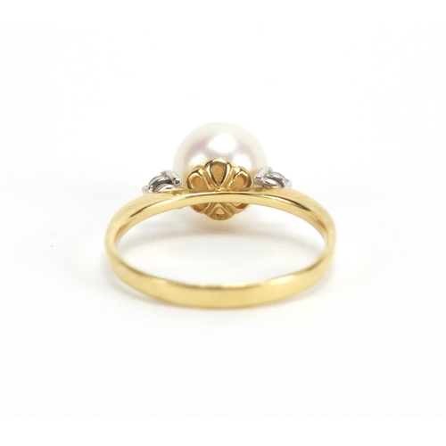 693 - 18ct gold Pearl ring with Diamond shoulders, M H maker mark, size M, approximate weight 2.7g