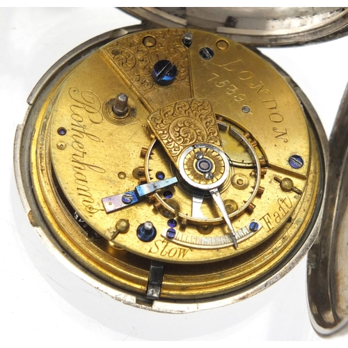 833 - WITHDRAWN - Gentleman's silver full hunter pocket watch, the fusee movement engraved Rotherham's Lon... 