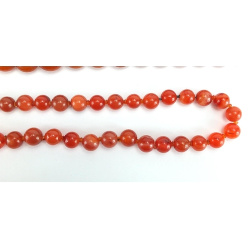 793 - Two amber coloured bead necklaces and a cornelian bead necklace, the largest 80cm in length, approxi... 