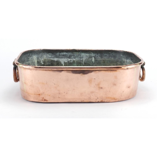 501 - Antique copper cooking pan with folding handles, 39cm in length