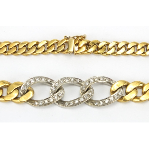 691 - 18ct gold triple diamond loop and graduated curb link necklace, 38cm in length, approximate weight 6... 