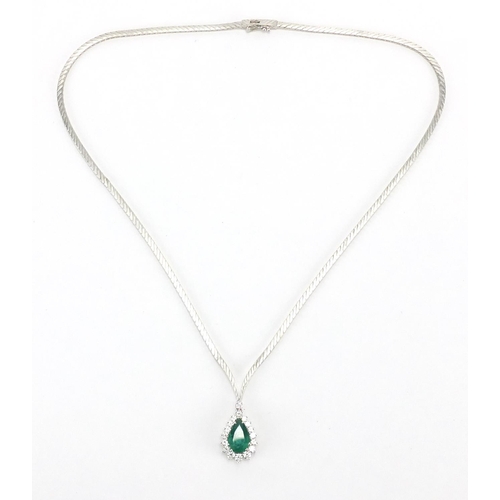 681 - 18ct white gold tear drop Emerald and Diamond necklace, 40cm in length, approximate weight 21.6g