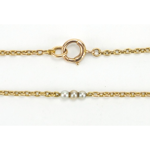 699 - Unmarked gold and seed pearl long guard necklace, 150cm in length, approximate weight 13.6g