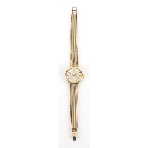 824 - Ladies 9ct gold Omega wristwatch with 9ct gold strap, 2.1cm in diameter, approximate weight 24.4g