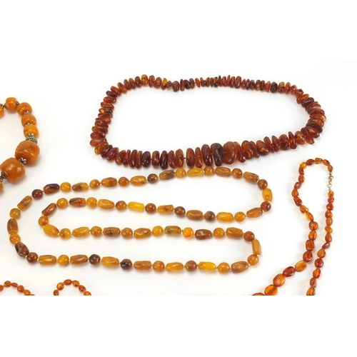 782 - Seven natural and butterscotch amber coloured bead necklaces, the largest 140cm in length, approxima... 