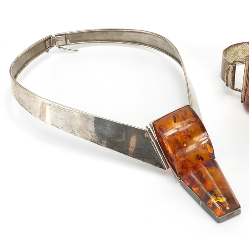 794 - Silver and natural amber necklace and three bracelets, the necklace 32cm in length, approximate weig... 