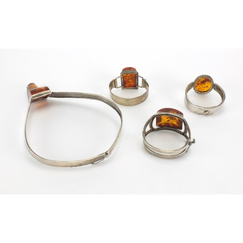 794 - Silver and natural amber necklace and three bracelets, the necklace 32cm in length, approximate weig... 