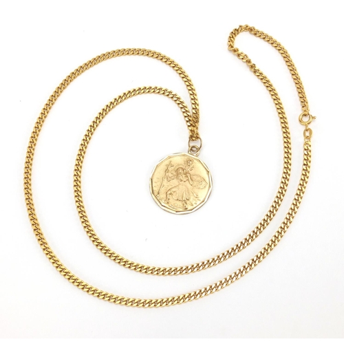 716 - 18ct gold curb link necklace, with a 9ct gold St Christopher pendant, the necklace 68cm in length, a... 