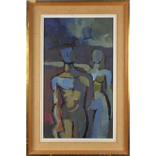 889 - Abstract composition, two nude figures, oil on board, bearing an indistinct signature, mounted and f... 