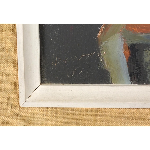 889 - Abstract composition, two nude figures, oil on board, bearing an indistinct signature, mounted and f... 