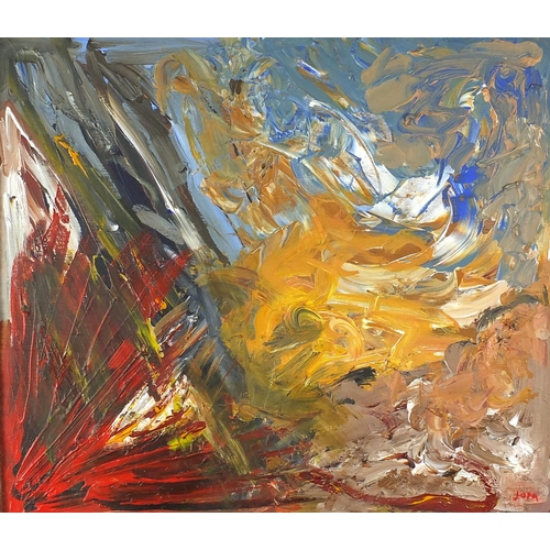 1147 - Abstract composition, oil on board, bearing an indistinct signature Jupa? framed, 42cm x 35cm