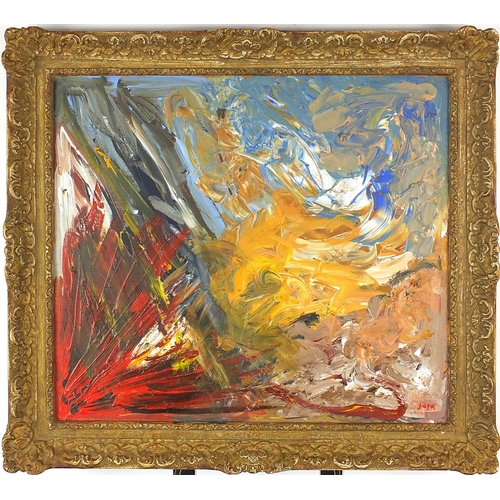 1147 - Abstract composition, oil on board, bearing an indistinct signature Jupa? framed, 42cm x 35cm