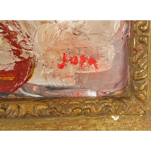 1147 - Abstract composition, oil on board, bearing an indistinct signature Jupa? framed, 42cm x 35cm