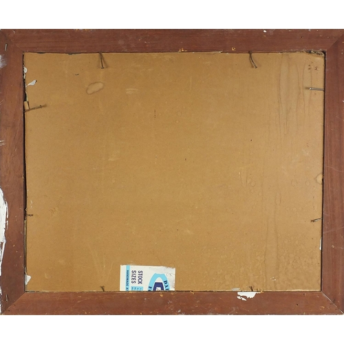 1142 - Harbour scene, naive school, oil on board, framed 50cm x 39cm