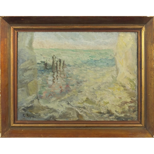 919 - Coastal scene, oil on canvas, bearing a signature Sima, framed, 41cm x 29cm