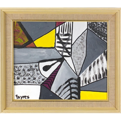 1123 - Abstract composition, acrylic on board, bearing a signature Gayres, mounted and framed, 29cm x 24cm