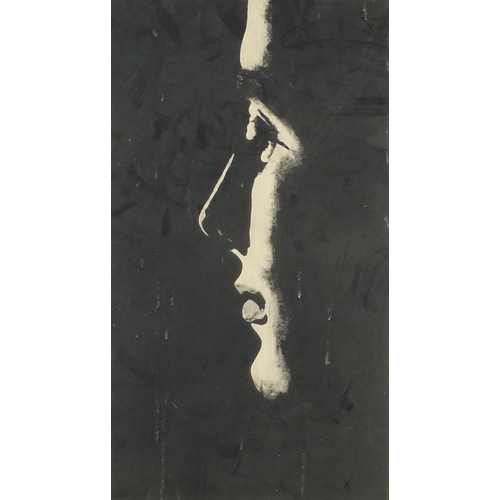 1218 - 1960's artwork of a face, bearing a signature Joe 67, mounted and framed, 49cm x 38cm