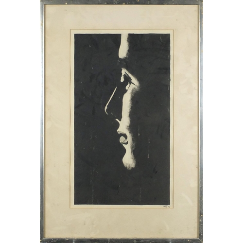 1218 - 1960's artwork of a face, bearing a signature Joe 67, mounted and framed, 49cm x 38cm