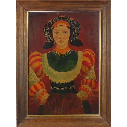 1015 - Portrait of a girl in traditional dress, 19th century Russian school oil on board, mounted and frame... 