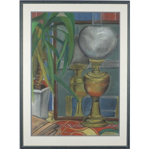 936 - Still life interior with an oil lamp, pastel on paper, bearing an indistinct monogram A.S Paris and ... 