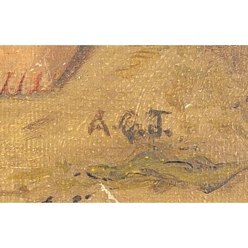 890 - Two boys on a beach playing with a crab, Irish school oil on canvas, bearing a monogram AGT, mounted... 