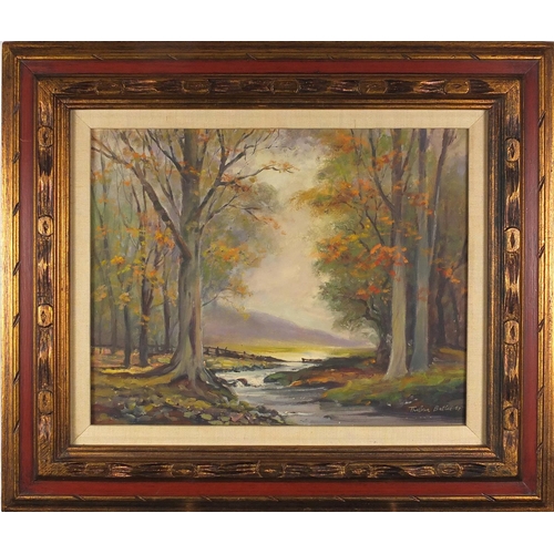 1187 - Thelma Leaney Butler - River through woodlands, oil on canvas board, mounted and framed, 49cm x 39cm