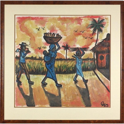 1159 - Figures walking through an African village at sunrise, oil on paper, bearing an indistinct signature... 