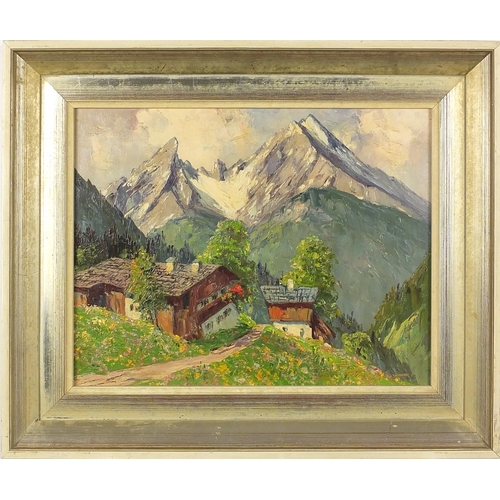 1121 - Swiss Alps with buildings, oil on board, bearing an indistinct signature and inscription verso, moun... 