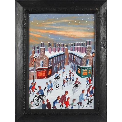 1013 - John Ormsby - Snowy street scene with figures, oil on board, framed, 34.5cm x 24cm