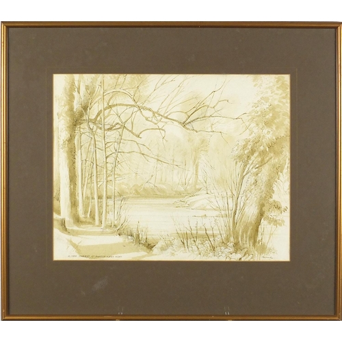 945 - Shimwell - River Darent at Horton Karby Kent, ink and wash, mounted and framed, 35cm x 27.5cm