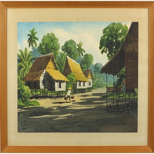 1002 - N Nor - Thai street scene with figure carrying baskets, watercolour on card, mounted and framed, 38c... 