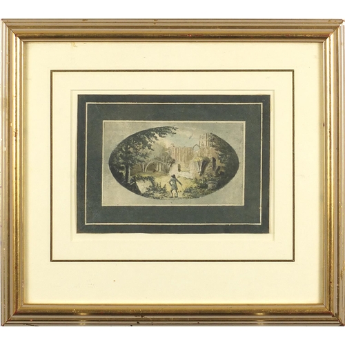 1081 - Churchyard scene with figure in the foreground, early 19th century watercolour on card, Abbott & Hol... 