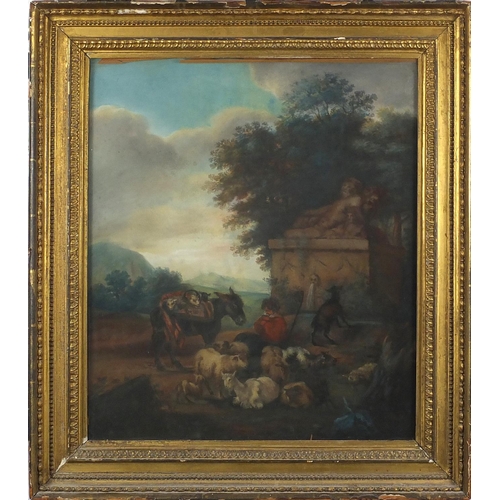 878 - Pastoral scene, goat herd before a fountain, 19th century pastel on paper, mounted and framed, 56cm ... 