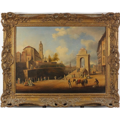 864 - Venetian Arsenal with street sellers and donkey's, late 18/ early 19th century Italian school oil on... 