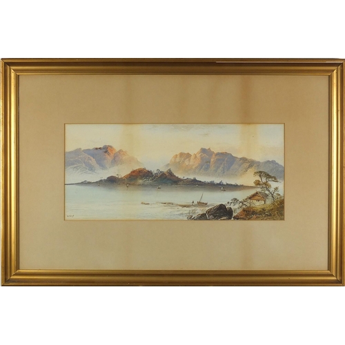 1092 - William Earp - Fishermen before mountains, 19th century watercolour on card, mounted and framed, 52c... 