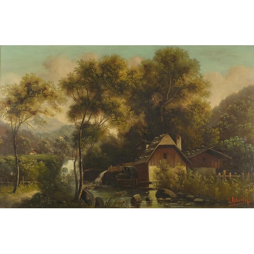 1099 - J Albertof - Lake with watermill before woodlands and mountains, 19th century oil on canvas, mounted... 