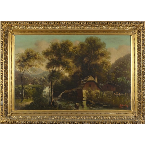 1099 - J Albertof - Lake with watermill before woodlands and mountains, 19th century oil on canvas, mounted... 